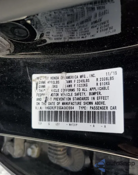 2016 Honda Accord Lx из США, поврежденный, VIN 1HGCR2F35GA083964